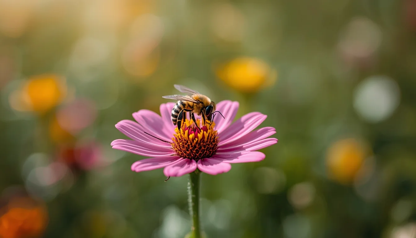 Une abeille butine une fleur rose dans un jardin