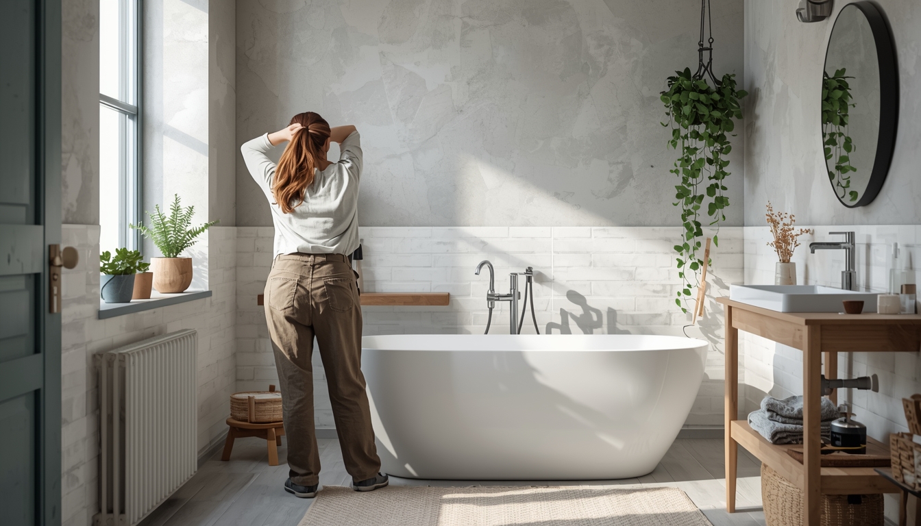 Une personne essuie la paroi carrelée d’une salle de bain près d’une baignoire