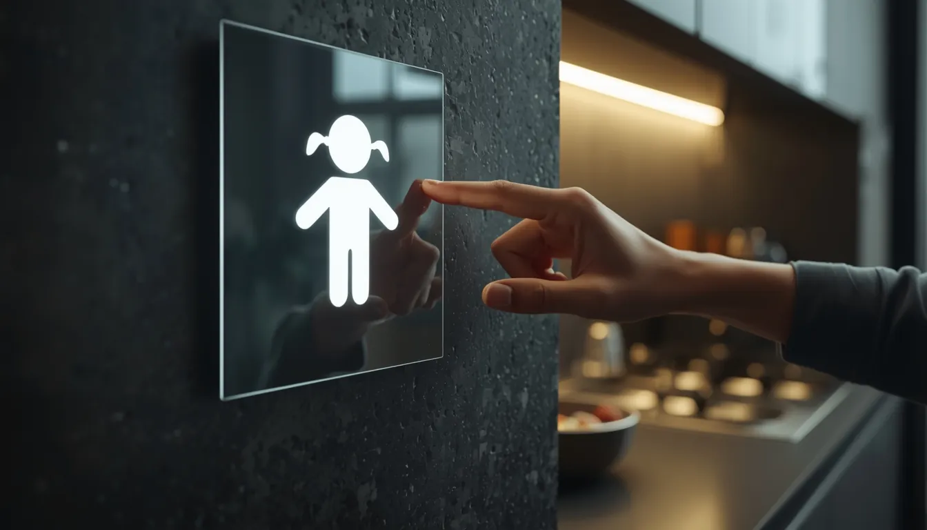 Un doigt active un pictogramme de sécurité enfant sur une commande vitrée