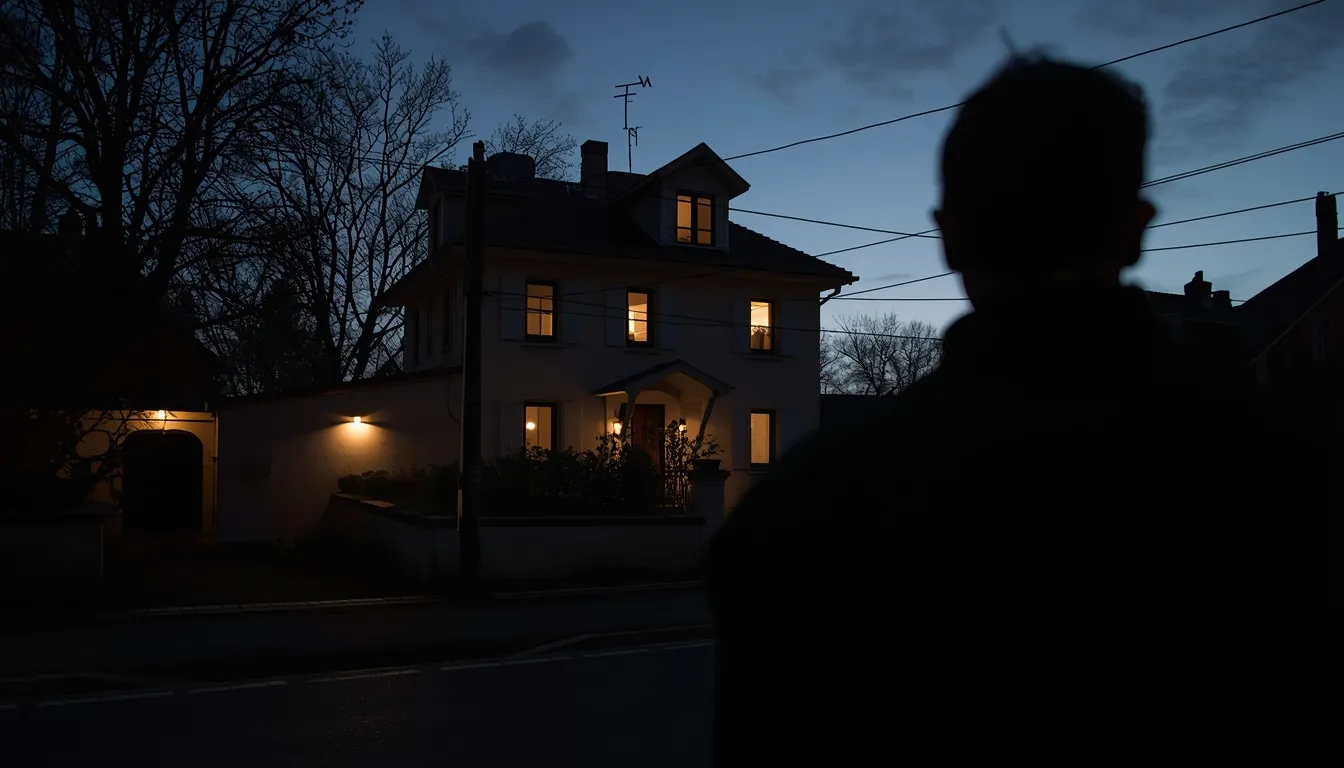 Silhouette observant une maison à la tombée de la nuit.