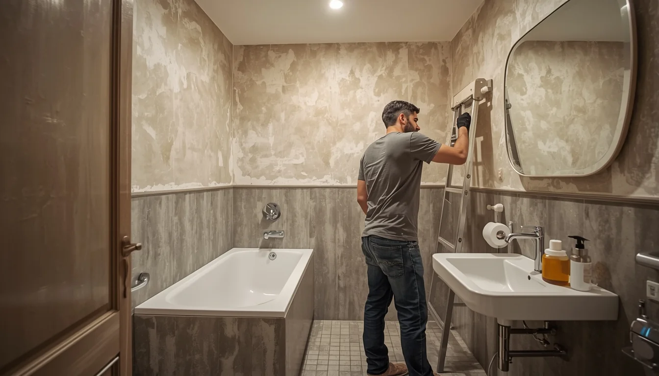 Un artisan applique un revêtement sur le mur d’une salle de bain carrelée