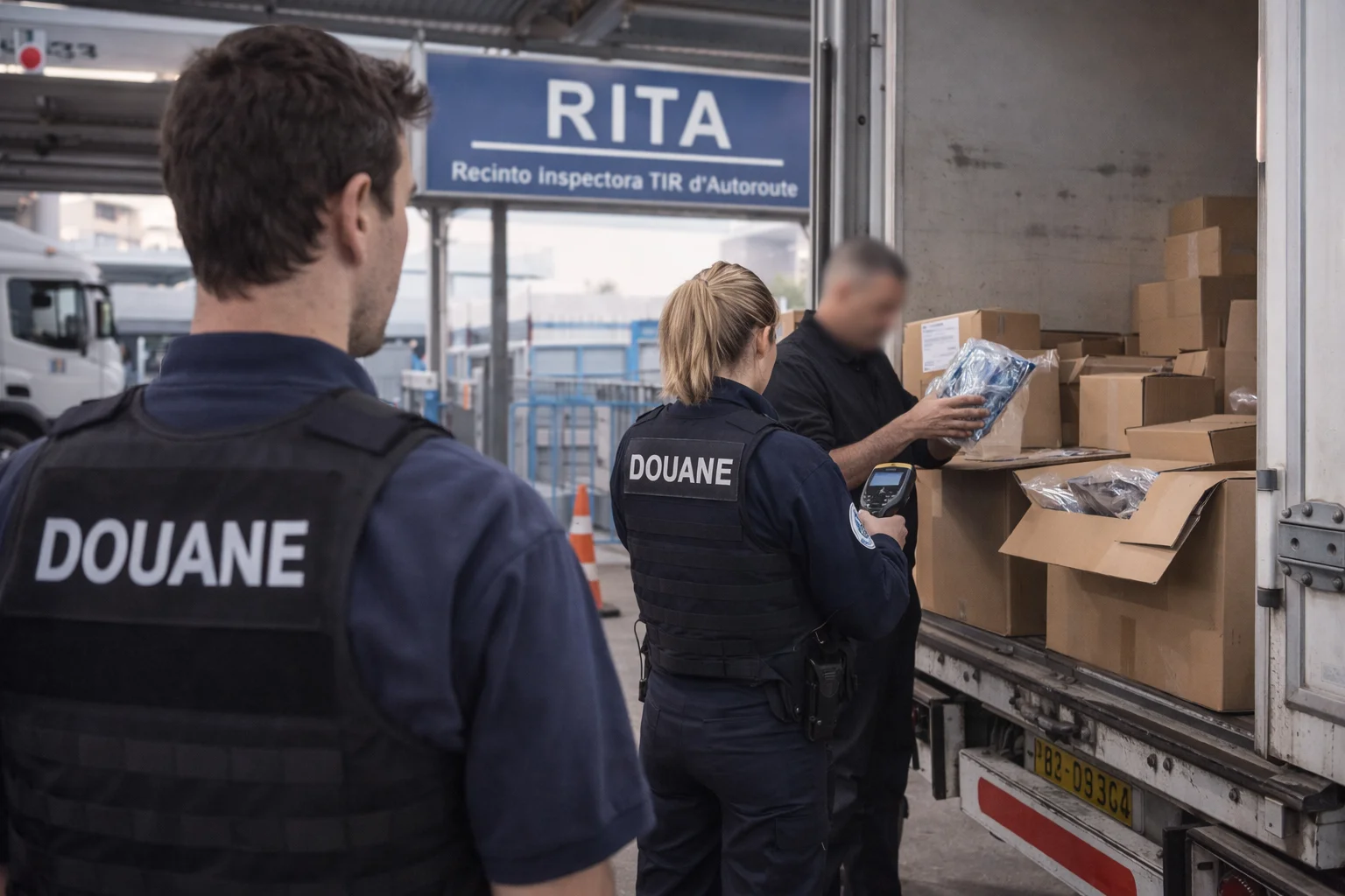 Des agents des douanes contrôlent des colis dans le chargement d’un camion