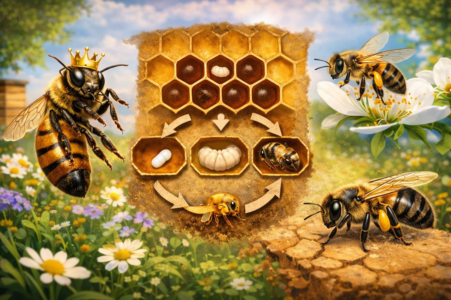 Des abeilles entourent un rayon de cire montrant des alvéoles et différents stades de la colonie