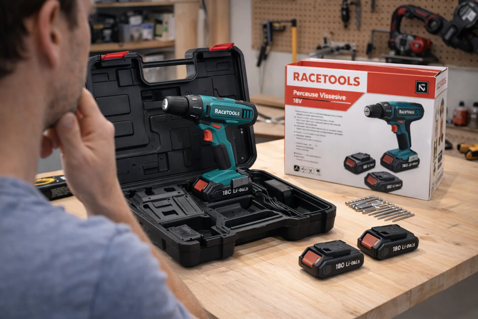 Une perceuse-visseuse, ses batteries et son coffret sont posés sur un établi