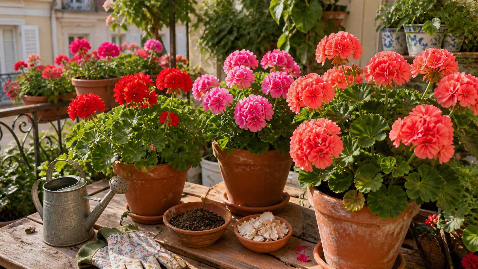 Des géraniums roses et rouges fleurissent dans plusieurs pots sur une terrasse