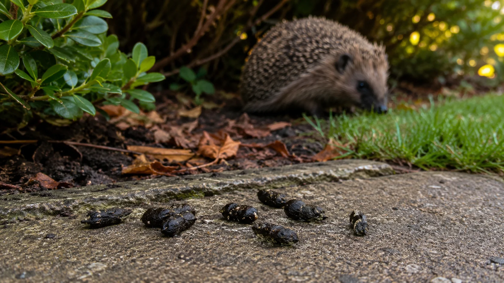 Hérisson près de petites déjections sur un chemin de jardin.