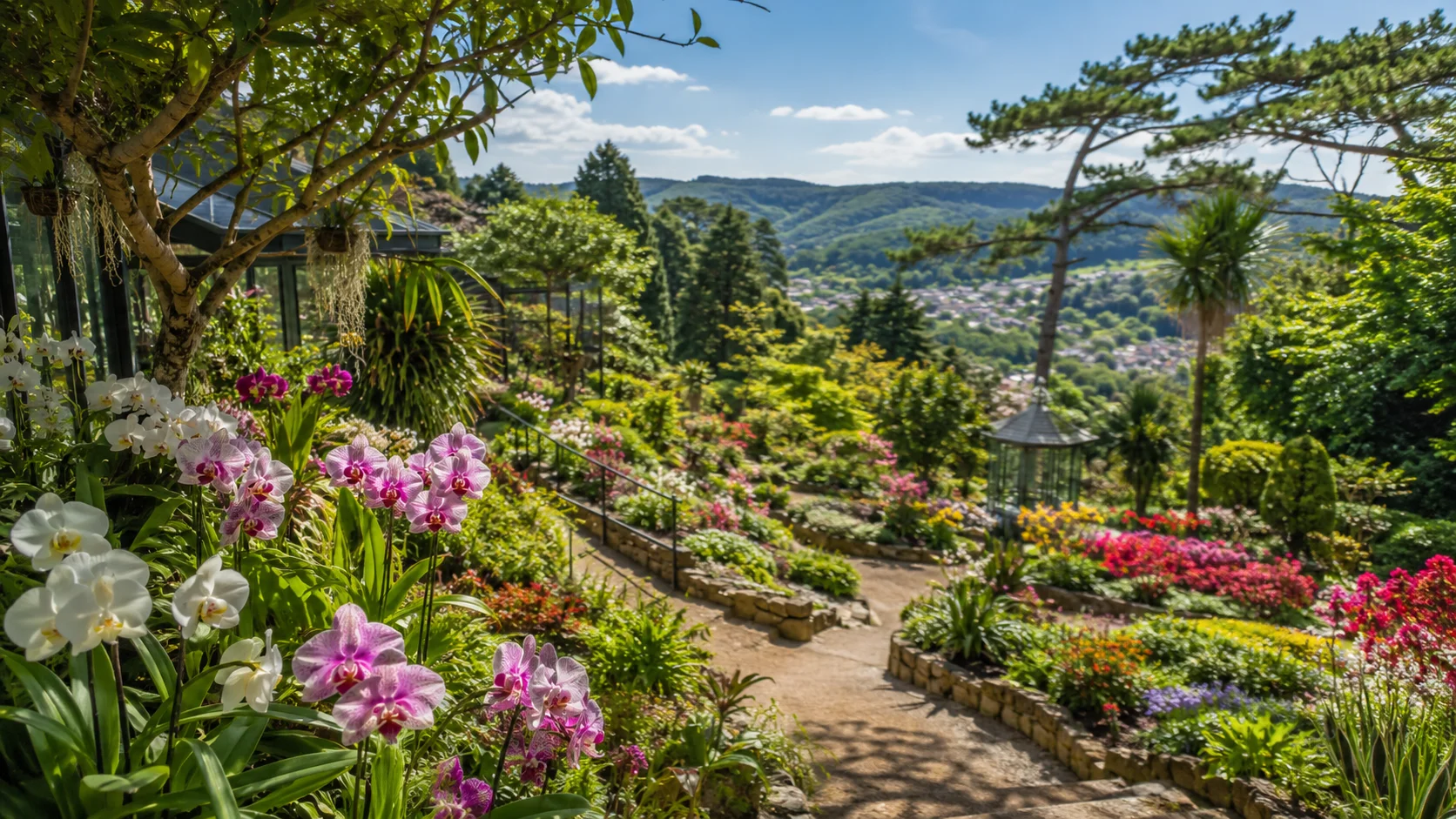 Un jardin botanique arboré réunit des massifs fleuris et des habitats végétalisés