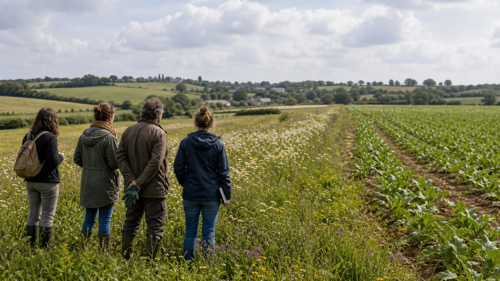 Quatre personnes observent ensemble un champ cultivé et sa végétation