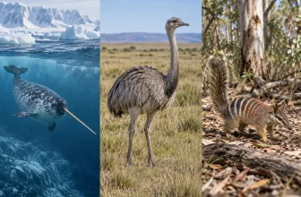 Un narval, un nandou et un numbat apparaissent dans trois habitats naturels distincts