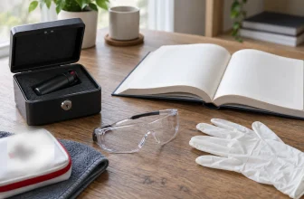 Un aérosol de défense fermé repose dans une boîte sécurisée près d’un ouvrage vierge, de lunettes et de gants
