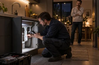 Un plombier inspecte prudemment les canalisations sous un évier pendant la nuit.