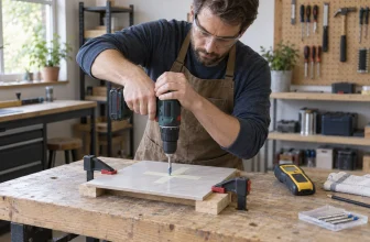 Un artisan avec lunettes perce perpendiculairement un carreau échantillon calé sur un établi