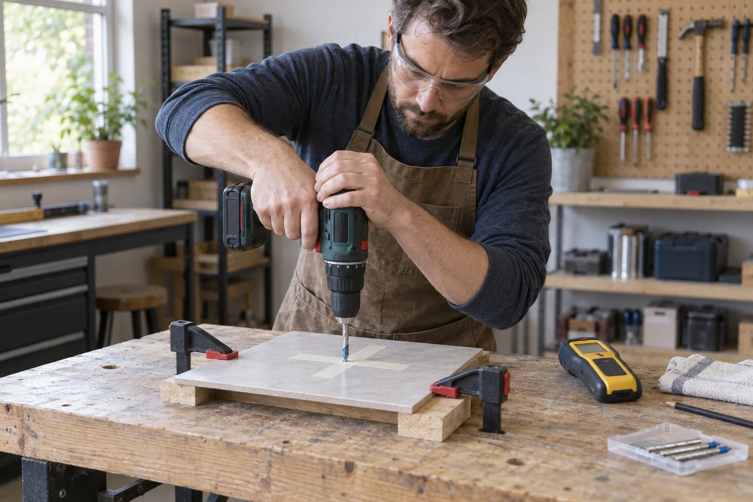 Un artisan avec lunettes perce perpendiculairement un carreau échantillon calé sur un établi