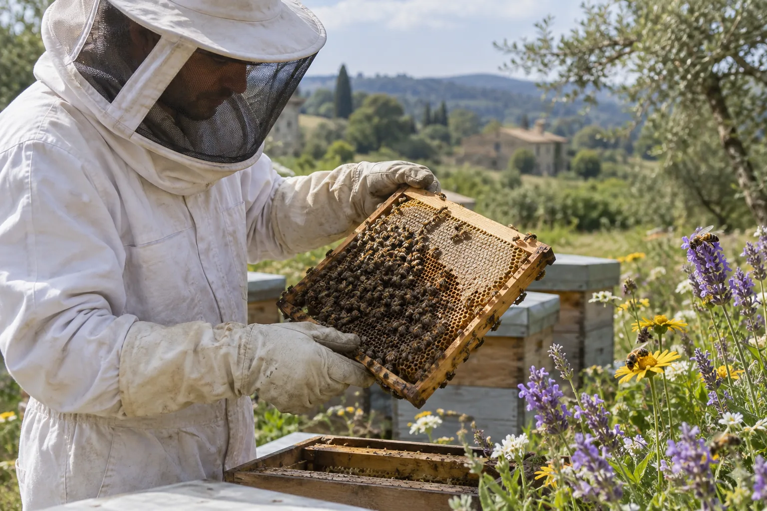 Un apiculteur protégé observe un cadre de ruche près de fleurs butinées