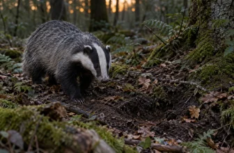 Un blaireau européen se déplace dans un sous-bois près de traces au sol.